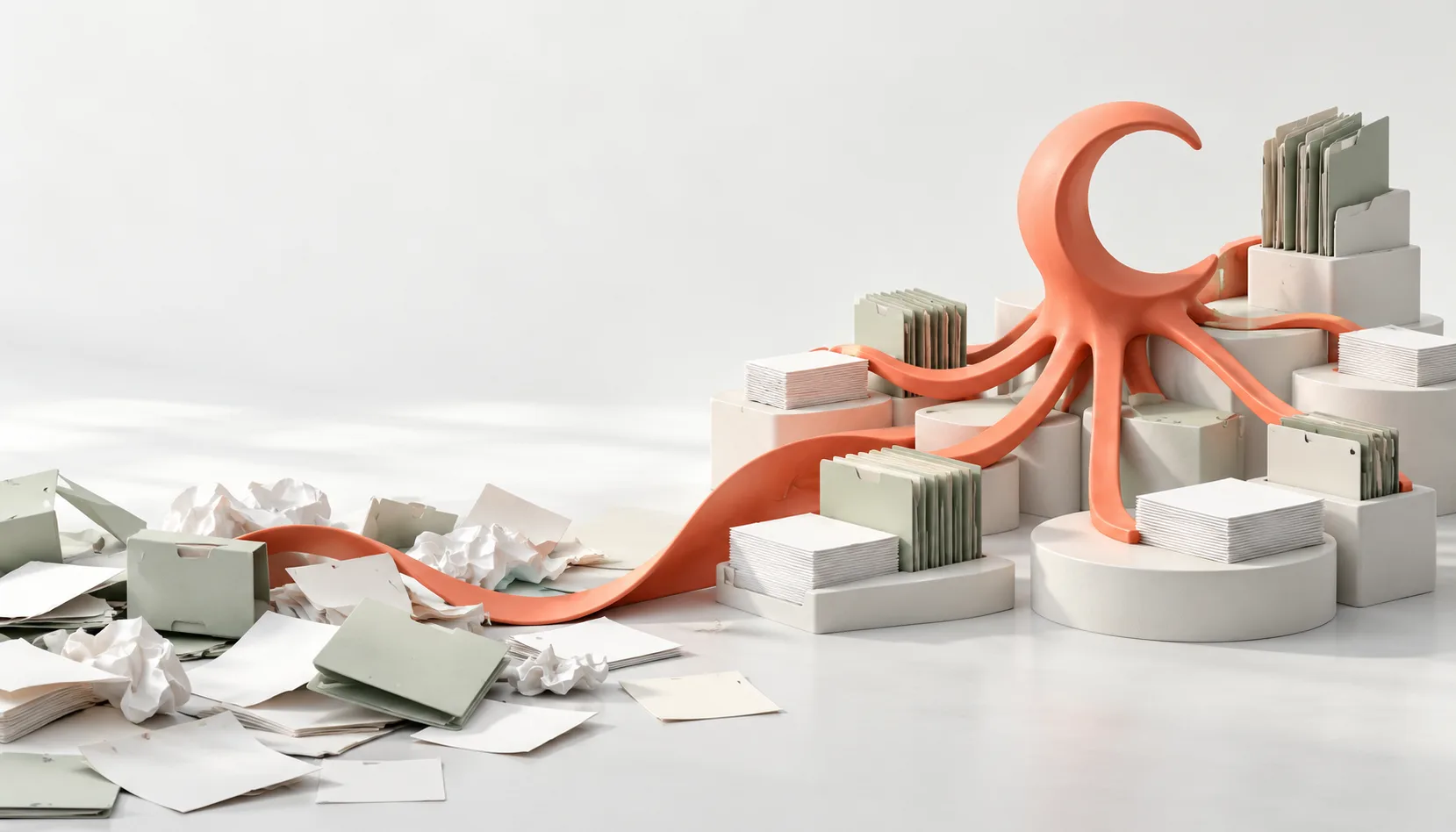 Scattered papers come together through a coral sculpture inspired by an octopus, becoming an organised structure of folders and pieces.